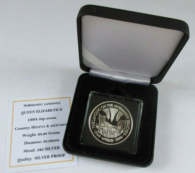 1994 NORMANDY LANDINGS QUEEN ELIZABETH II S/PROOF 50 PENCE CROWN COIN BOX & COA