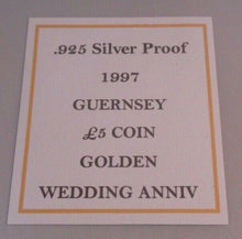 Load image into Gallery viewer, UK 1997 £5 GUERNSEY QEII &amp; PRINCE PHILIP GOLDEN WEDDING SILVER PROOF box COA
