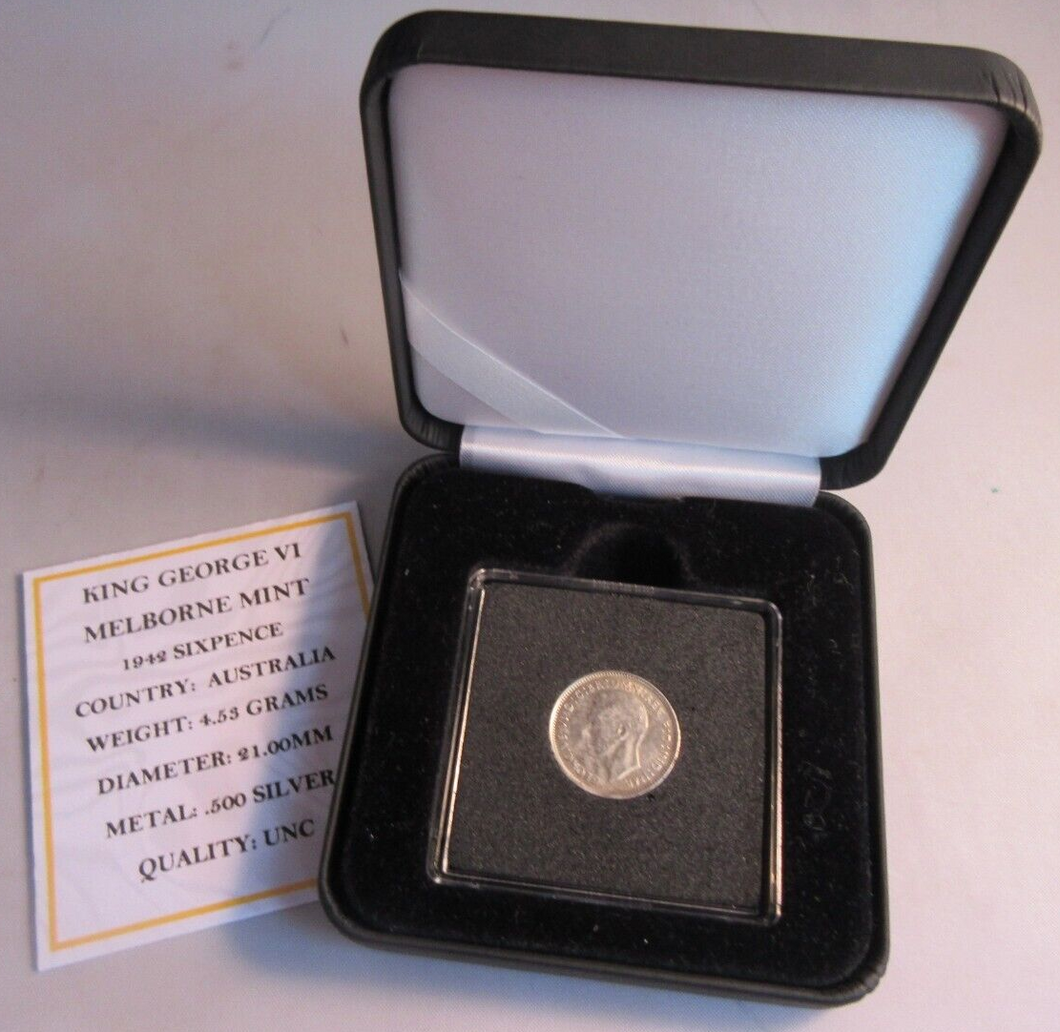 1942 KING GEORGE VI MELBOURNE MINT .500 SILVER UNC 6d SIXPENCE COIN BOX & COA