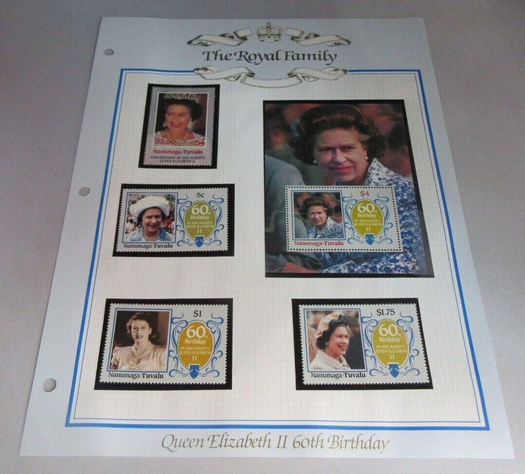 1986 QUEEN ELIZABETH II 60TH BIRTHDAY NANUMAGA TUVALU STAMPS & ALBUM SHEET