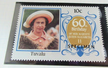 Load image into Gallery viewer, 1986 QUEEN ELIZABETH II 60TH BIRTHDAY MONTSERRAT &amp; TUVALU STAMPS &amp; ALBUM SHEET
