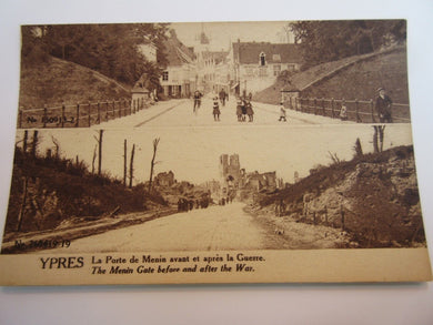 WWI POSTCARD YPRES THE LITTLE GATE BEFORE & AFTER THE WAR A9