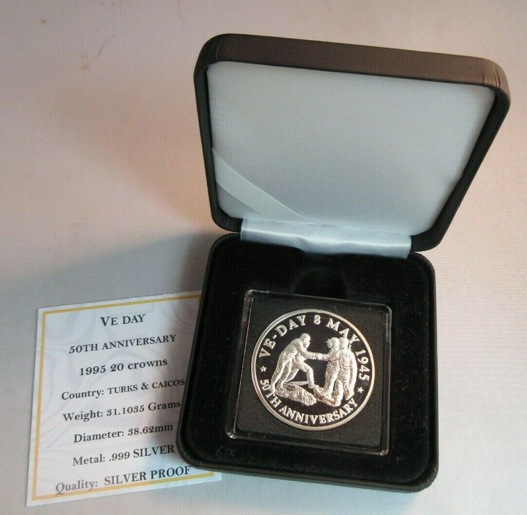 1995 VE DAY 50th ANNIVERSARY TURKS & CAICOS SILVER PROOF 20 CROWNS COIN BOX &COA