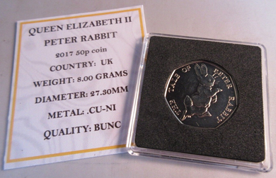 2017 PETER RABBIT QEII BUNC 50P FIFTY PENCE COIN QUAD CAPSULE & COA