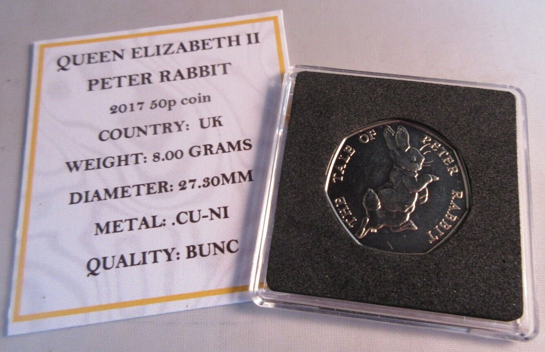 2017 PETER RABBIT QEII BUNC 50P FIFTY PENCE COIN QUAD CAPSULE & COA