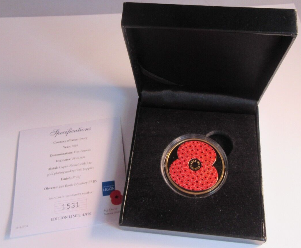2018 LEST WE FORGET JERSEY PROOF £5 FIVE POUND POPPY COIN COLORISED BOX & COA