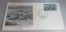 Load image into Gallery viewer, 1994 D-DAY ALLIED LANDINGS AT NORMANDY FIRST DAY STAMP COVERS X 2 &amp; ALBUM SHEET
