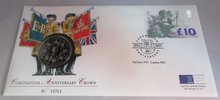 Load image into Gallery viewer, 1953-1993 CORONATION ANNIVERSARY CROWN £5 COIN COVER, PNC WITH INFORMATION CARD
