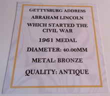 Load image into Gallery viewer, 1961 ABRAHAM LINCOLN GETTYSBURG ADDRESS ANTIQUE BRONZE MEDAL BOX &amp; COA
