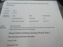 Load image into Gallery viewer, WWI 1914 - 1918 MEDAL TRIO TO ALFRED.G.THORNTON ROYAL FIELD ARTILLERY No 1132
