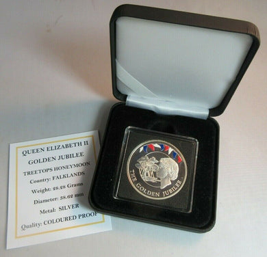 2002 QEII GOLDEN JUBILEE TREETOPS HONEYMOON 50P CROWN SILVER COLOURED PROOF &BOX