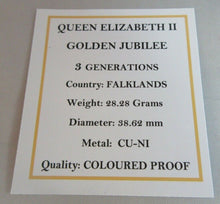 Load image into Gallery viewer, 2002 QEII GOLDEN JUBILEE THREE GENERATIONS 50P CROWN COLOUR PROOF BOXED WITH COA
