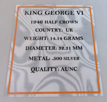 Load image into Gallery viewer, 1946 KING GEORGE VI BARE HEAD AUNC .500 SILVER HALF CROWN COIN BOXED WITH COA
