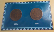 Load image into Gallery viewer, INDIAN HEAD PENNIES ISSUED 1896 &amp; 1897 WITH POSTAGE STAMPS ON ALBUM INFO SHEET
