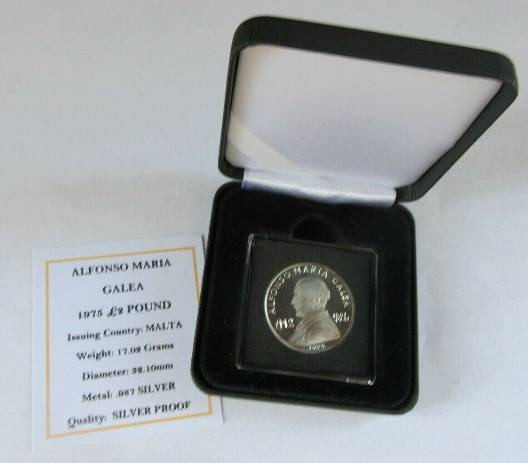 1975 ALFONSO MARIA GALEA SILVER PROOF MALTA £2 COIN WITH BOX & COA