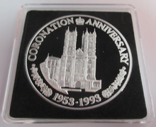 Load image into Gallery viewer, 1993 QEII CORONATION ANNIVERSARY SILVER PROOF 20 CROWNS COIN BOX &amp; COA
