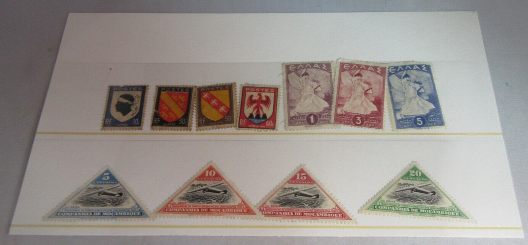 VARIOUS & MOZAMBIQUE 11 STAMPS  USED & CLEAR FRONTED STAMP HOLDER