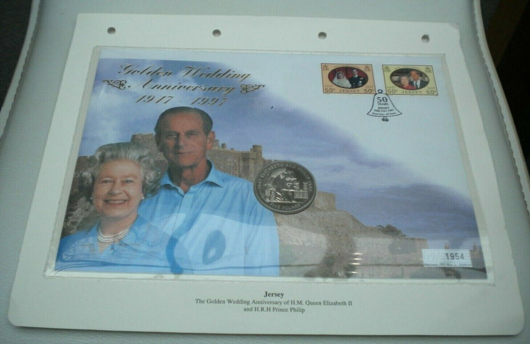 1947-1997 GOLDEN WEDDING ANNIVERSARY, £5 CROWN COIN FIRST DAY COVER PNC & INFO