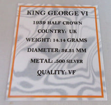 Load image into Gallery viewer, 1939 KING GEORGE VI BARE HEAD VF .500 SILVER HALF CROWN COIN BOXED WITH COA
