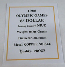 Load image into Gallery viewer, 1988 OLYMPIC GAMES NIUE PROOF $5 DOLLAR COIN BOX &amp; COA
