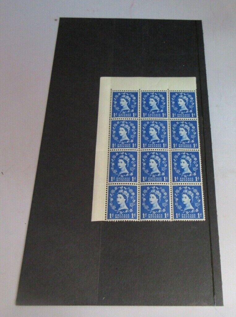 1952-65 QEII 1d STAMPS CORNER BLOCK OF 12 STAMPS IN STAMP HOLDER