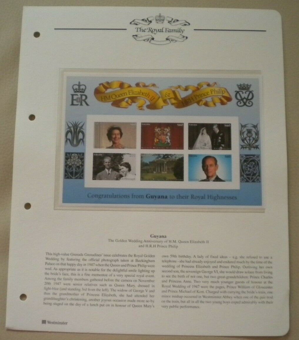 1947-1997 THE GOLDEN WEDDING ANNIVERSARY QEII PP GUYANA 6 MNH STAMPS/INFO SHEET