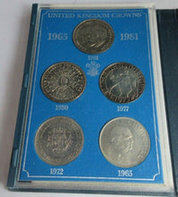 Load image into Gallery viewer, 1965 - 1981 UNITED KINGDOM CROWNS 5 COIN SET WITH ROYAL MINT BLUE BOOK
