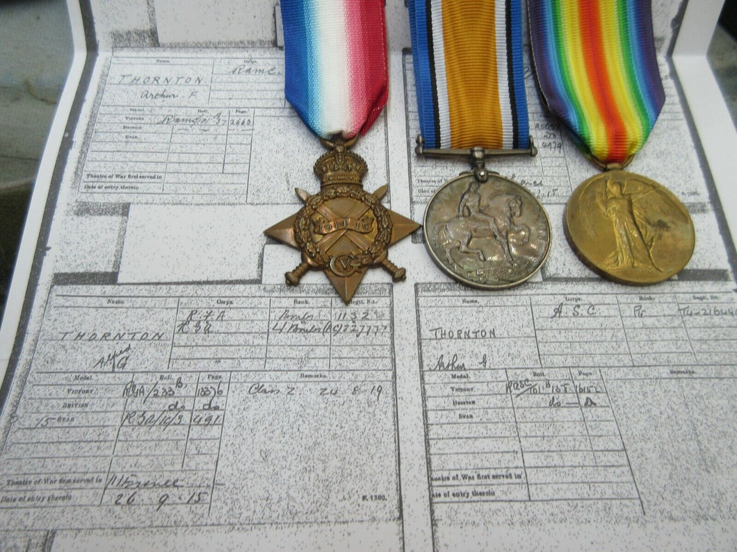WWI 1914 - 1918 MEDAL TRIO TO ALFRED.G.THORNTON ROYAL FIELD ARTILLERY No 1132