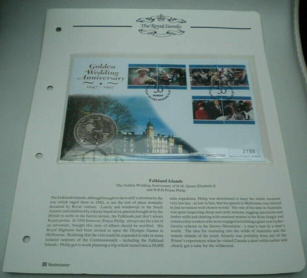 1947-1997 GOLDEN WEDDING ANNIVERSARY, £5 CROWN COIN FIRST DAY COVER PNC & INFO