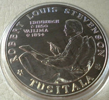 Load image into Gallery viewer, 1969 ROBERT LOUIS STEVENSON WESTERN SAMOA ONE DOLLAR CROWN SIZE COIN IN CAPSULE
