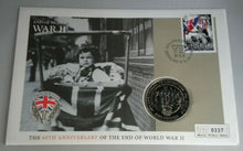 Load image into Gallery viewer, THE SECOND BLITZ END OF WORLD WAR II 2005 PROOF £5 COIN COVER PNC &amp; INFO CARD
