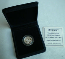 Load image into Gallery viewer, GUERNSEY 70TH BIRTHDAY OF HM QEII 1996 SILVER PROOF £1 COIN WITH COA &amp; BOX
