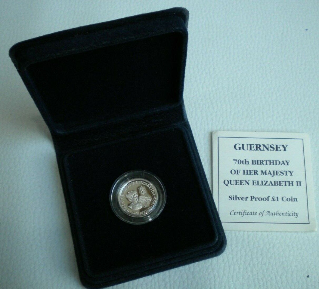 GUERNSEY 70TH BIRTHDAY OF HM QEII 1996 SILVER PROOF £1 COIN WITH COA & BOX