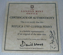 Load image into Gallery viewer, COPPER PENNY RE-STRIKE  BRITANNIA 1797 WITH CERTIFICATE OF AUTHENTICITY &amp; BOX
