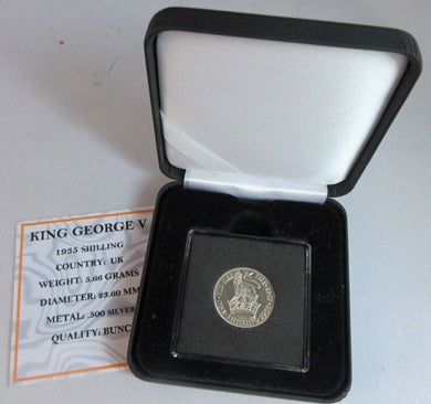1935 KING GEORGE V BARE HEAD .500 SILVER BUNC ONE SHILLING COIN BOXED WITH COA