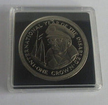 Load image into Gallery viewer, 1981 Sir Francis Chichester Intl Year of the Disabled Prooflike 1 Crown IOM Coin
