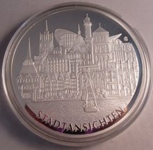Load image into Gallery viewer, 2012 ROSTOCK GERMANY CITYSCAPES 70MM MEDALLION SILVER PLATED PROOF CAPSULE &amp; COA
