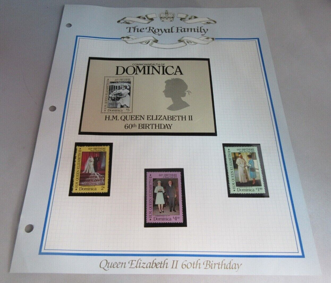 1986 QUEEN ELIZABETH II 60TH BIRTHDAY DOMINICA STAMPS & ALBUM SHEET