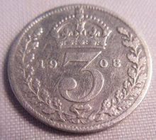 Load image into Gallery viewer, 1908 KING EDWRD VII BARE HEAD .925 SILVER 3d THREE PENCE COIN IN CLEAR FLIP
