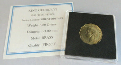 1950 KING GEORGE VI THREE PENCE 3d BRASS PROOF COIN WITH QUAD CAPSULE & COA