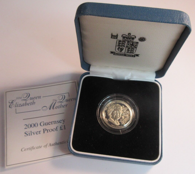 2000 HER MAJESTY QUEEN ELIZABETH THE QUEEN MOTHER GUERNSEY SILVER PROOF £1 COIN
