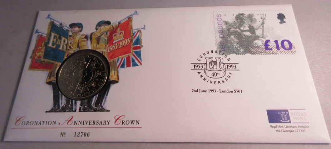 1953-1993 CORONATION ANNIVERSARY CROWN £5 COIN COVER, PNC WITH INFORMATION CARD