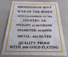 Load image into Gallery viewer, 1972 WAR OF THE ROSES BIRMINGHAM MINT HALLMARKED G/PLATE SILVER MEDAL COA BOX
