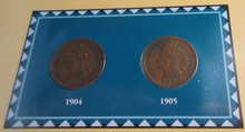 Load image into Gallery viewer, INDIAN HEAD PENNIES ISSUED 1904 &amp; 1905 WITH POSTAGE STAMPS ON ALBUM INFO SHEET
