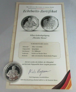 THE GREATEST GERMANS IN REAL SILVER THEODOR HEUSS 1949-1959 S/PROOF MEDAL & COA