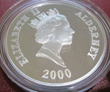 Load image into Gallery viewer, 2000 ALDENEY £5 FIVE Pounds Silver Proof Crown Coin Q.M 100TH BIRTHDAY BOX/COA
