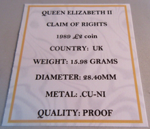 Load image into Gallery viewer, 1989 QEII CLAIM OF RIGHTS UK ROYAL MINT PROOF £2 COIN BOXED WITH COA
