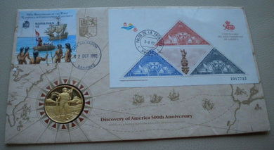 1492-1992 DISCOVERY OF AMERICA 500TH ANNIVERSARY SILVER PROOF MEDAL COVER PNC