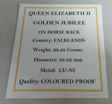 Load image into Gallery viewer, 2002 QEII GOLDEN JUBILEE ON HORSE BACK 50P CROWN COLOURED PROOF BOX &amp; COA
