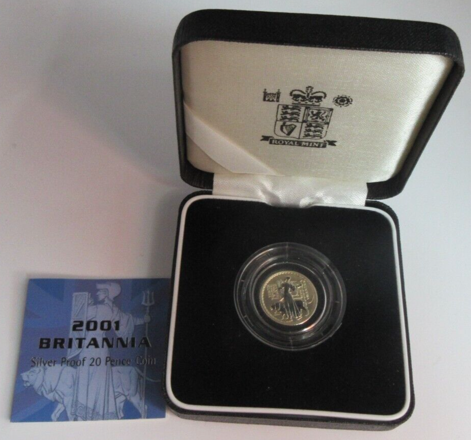 2001 BRITANNIA SILVER PROOF 1/10 OZ 20p COIN FROM ROYAL MINT BOX & COA